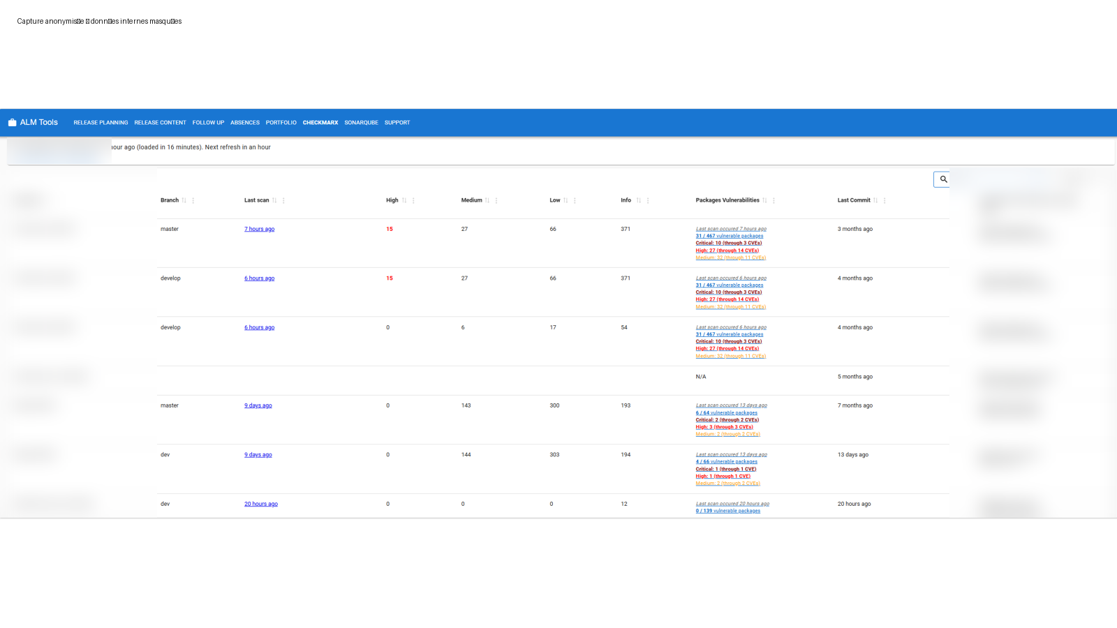 Capture anonymisée du tableau Checkmarx SCA